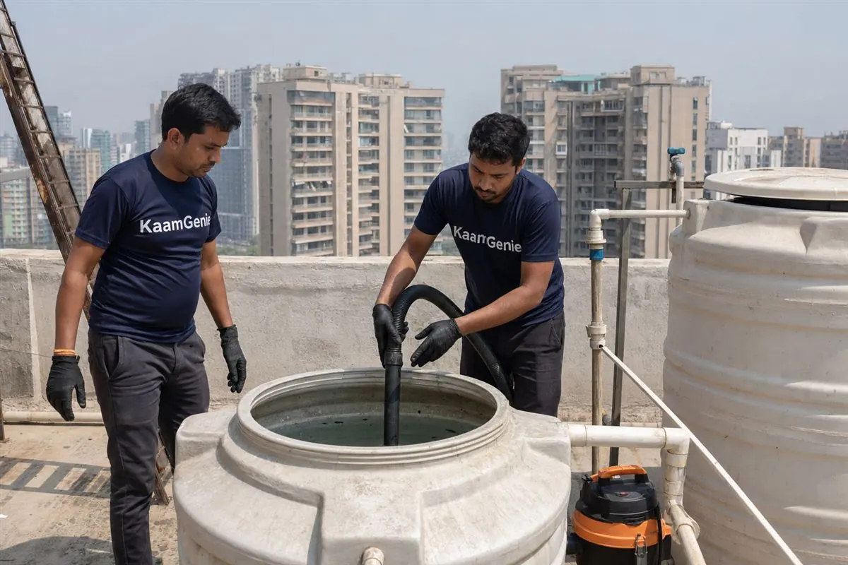 KaamGenie crew cleaning a water tank in Sector 121, Noida