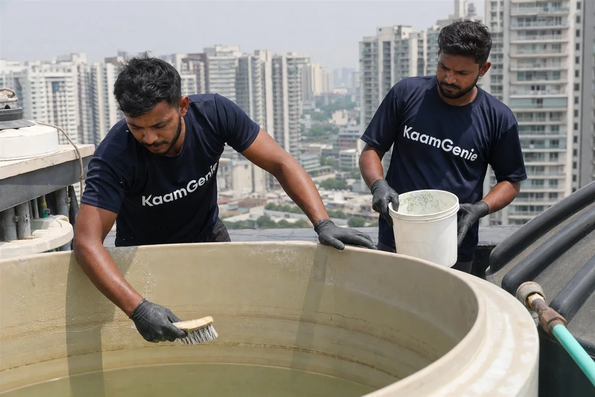 KaamGenie crew cleaning a water tank in Sector 122, Noida