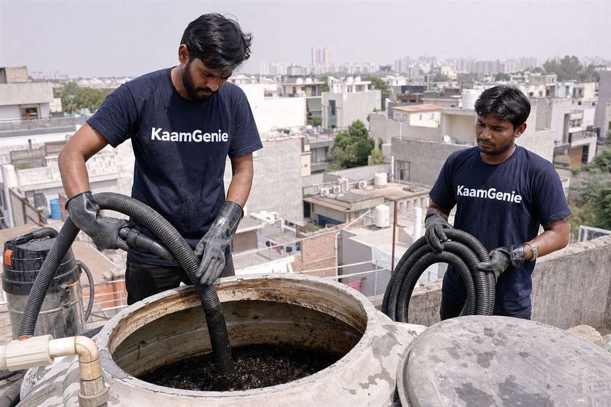 KaamGenie crew cleaning a water tank in Sector 124, Noida
