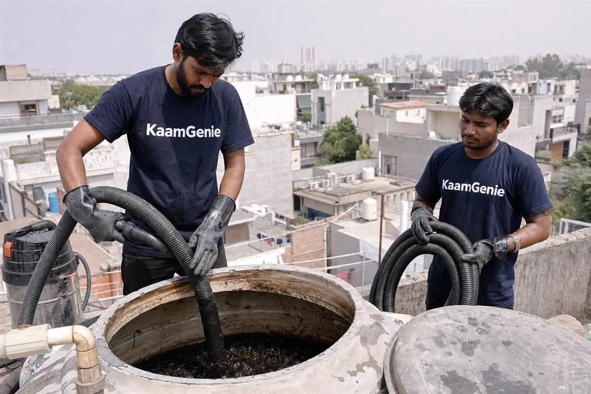 KaamGenie crew cleaning a water tank in Sector 124, Noida