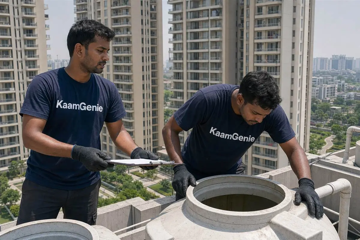 KaamGenie crew cleaning a water tank in Sector 128, Noida