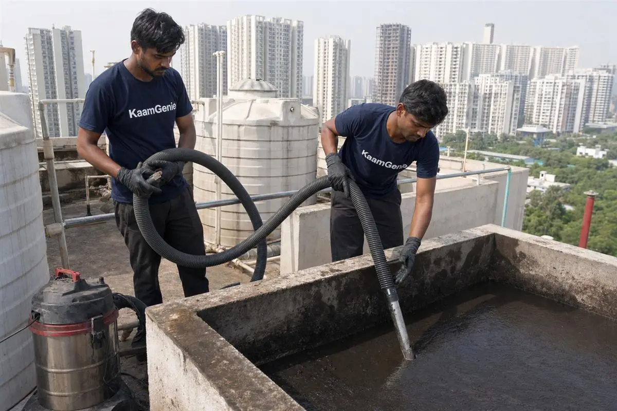 KaamGenie crew cleaning a water tank in Sector 129, Noida