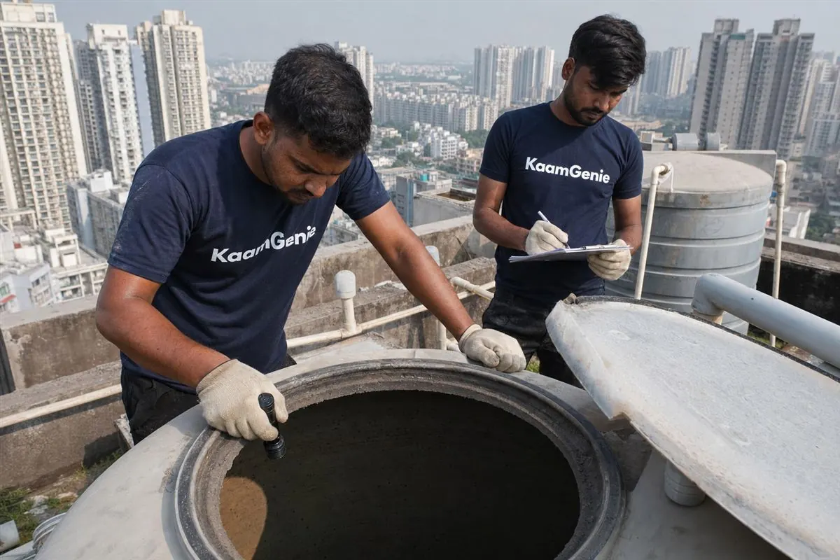 KaamGenie crew cleaning a water tank in Sector 130, Noida