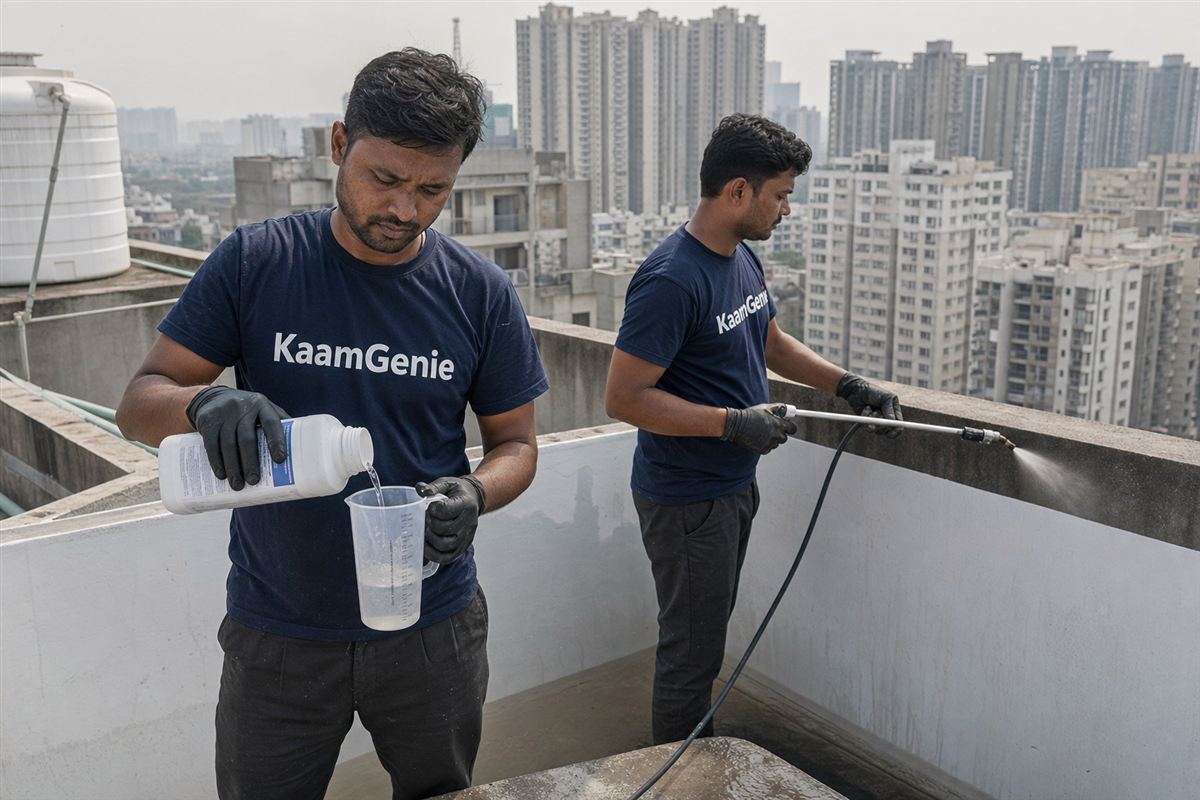 KaamGenie crew cleaning a water tank in Sector 131, Noida