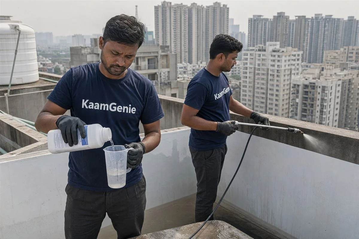 KaamGenie crew cleaning a water tank in Sector 131, Noida