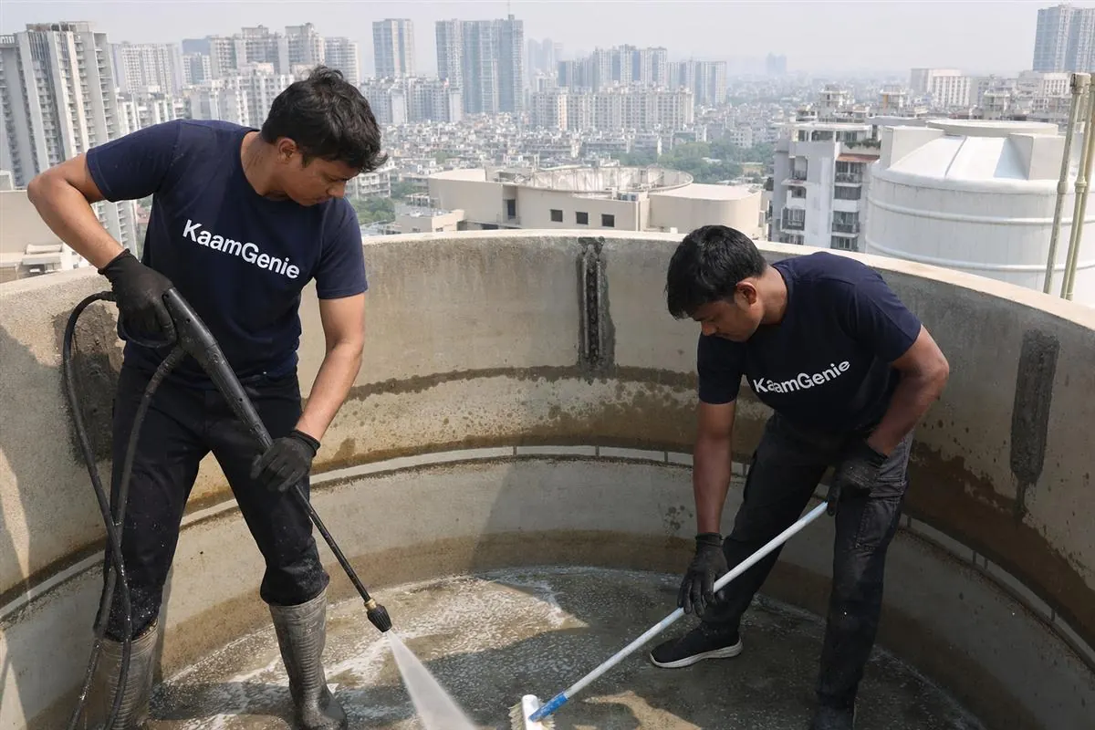 KaamGenie crew cleaning a water tank in Sector 132, Noida