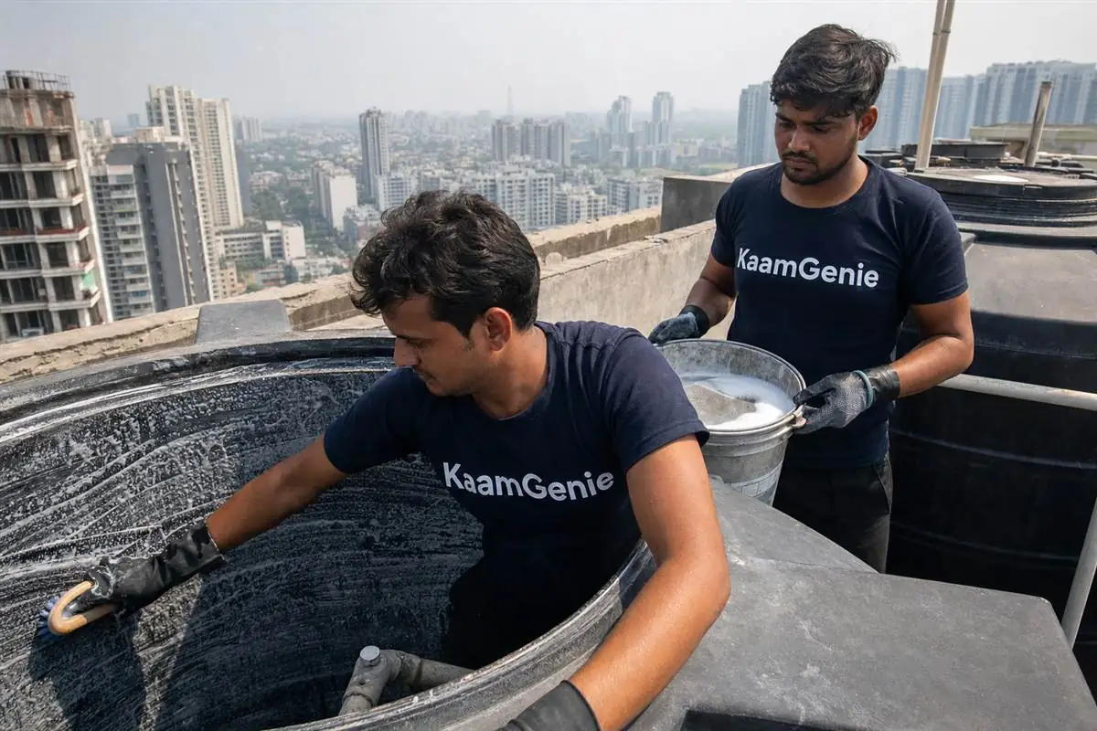 KaamGenie crew cleaning a water tank in Sector 133, Noida