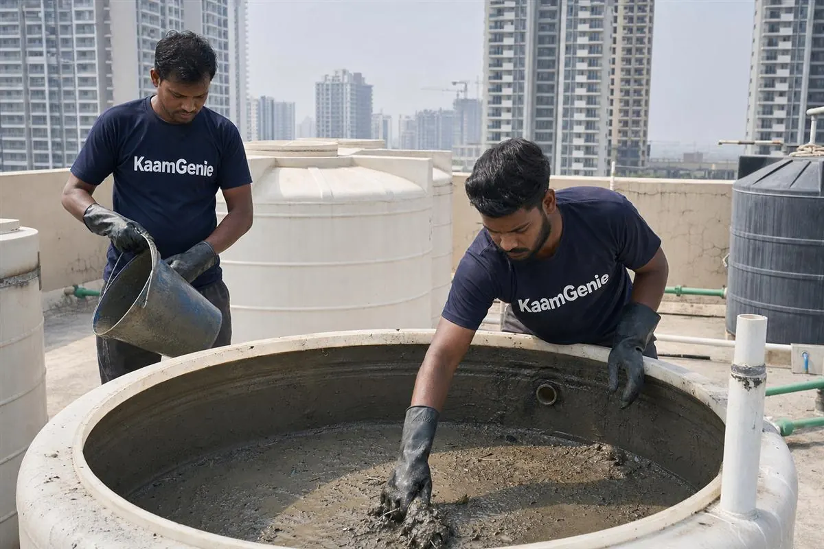 KaamGenie crew cleaning a water tank in Sector 134, Noida