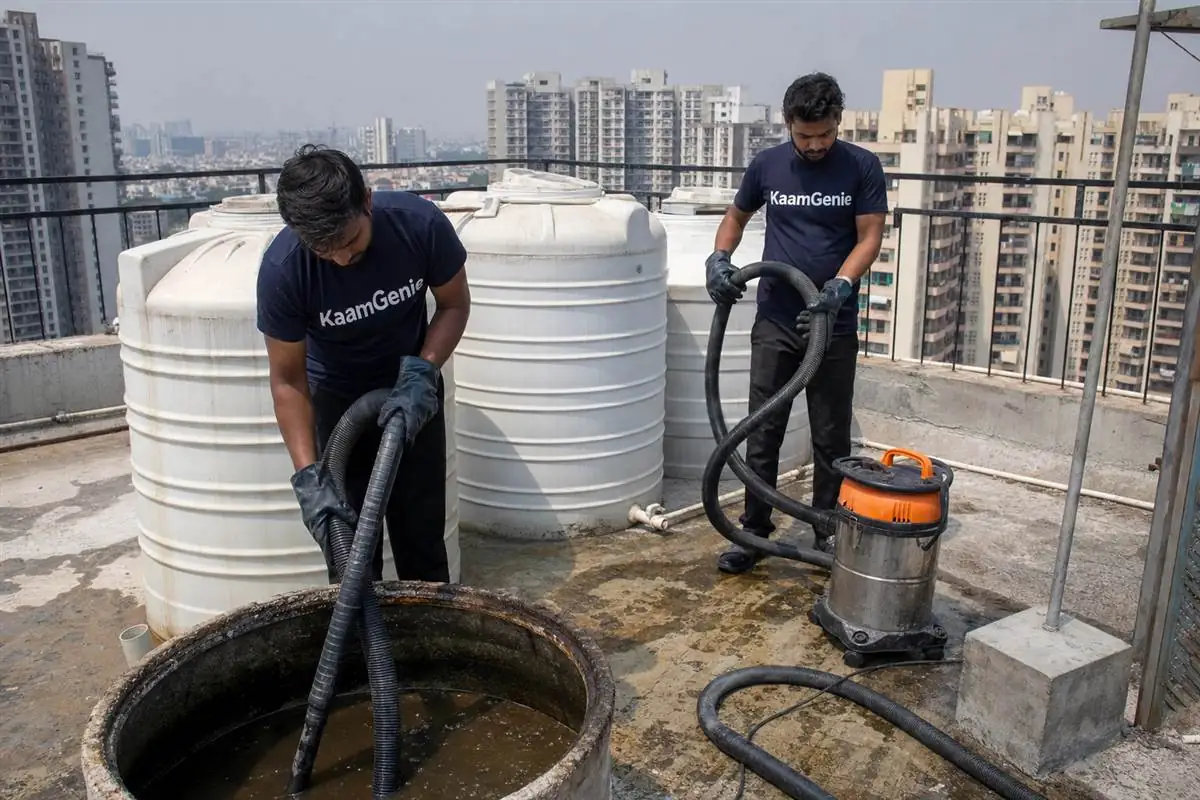 KaamGenie crew cleaning a water tank in Sector 135, Noida