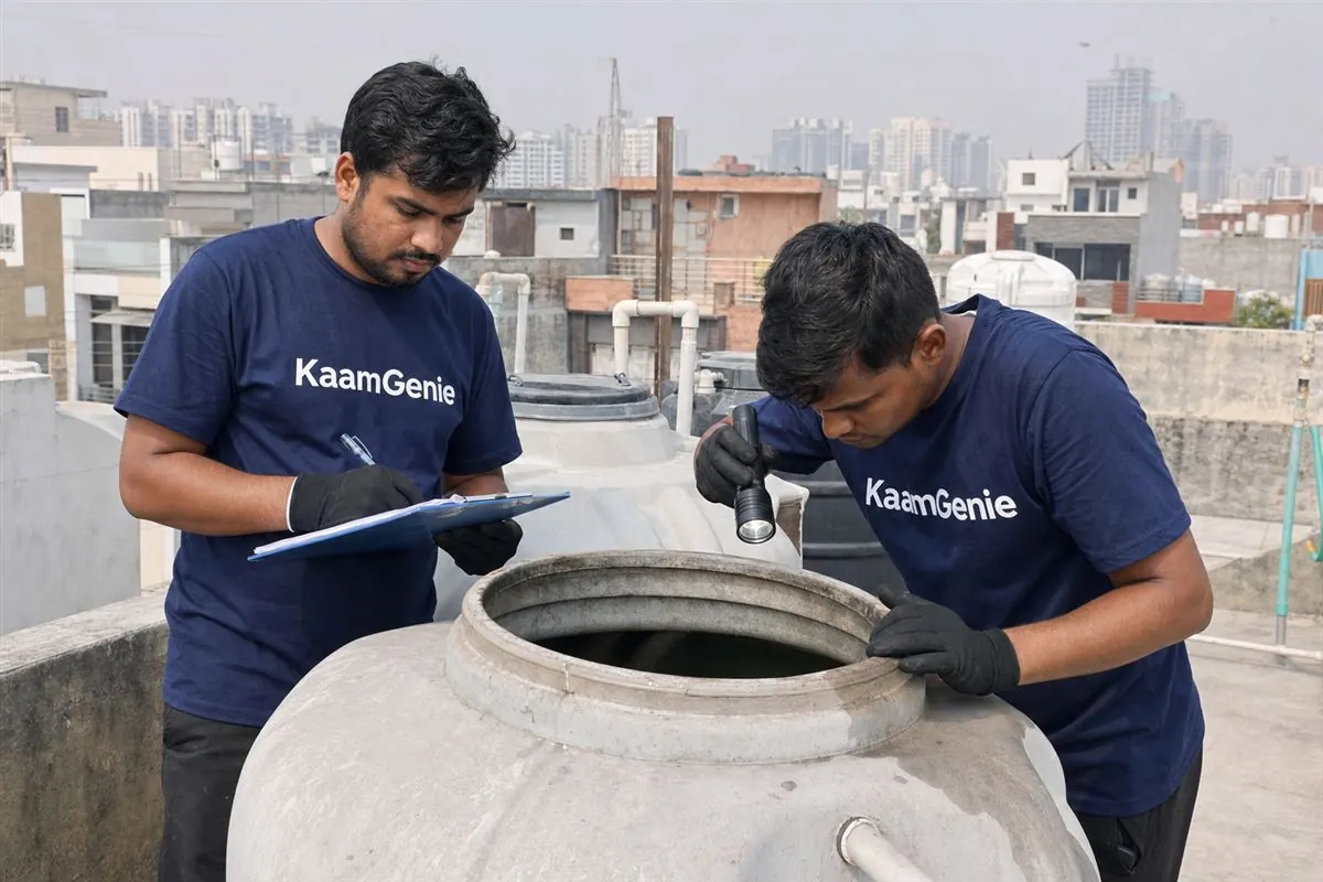 KaamGenie crew cleaning a water tank in Sector 136, Noida