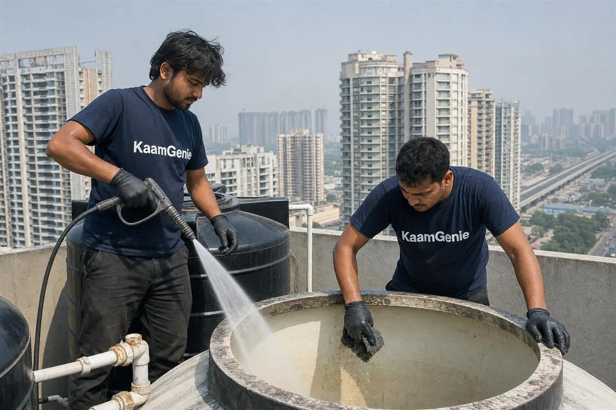 KaamGenie crew cleaning a water tank in Sector 137, Noida