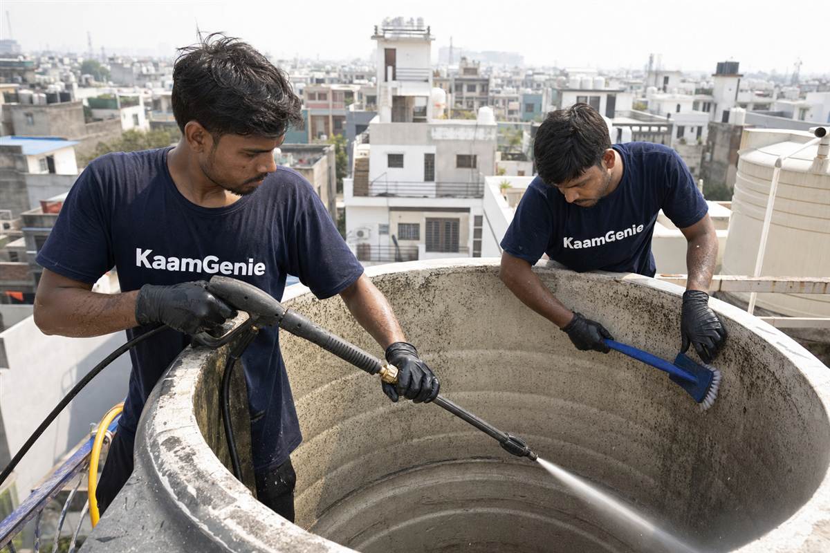 KaamGenie crew cleaning a water tank in Sector 139, Noida
