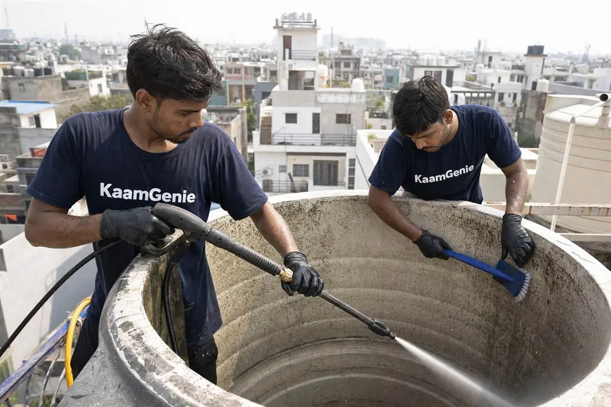 KaamGenie crew cleaning a water tank in Sector 139, Noida