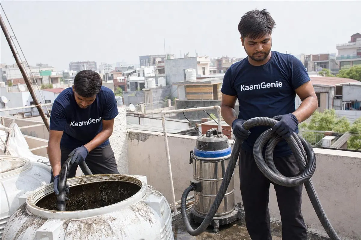 KaamGenie crew cleaning a water tank in Sector 14, Noida