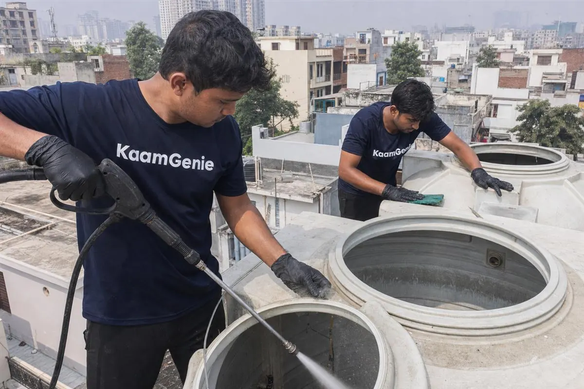 KaamGenie crew cleaning a water tank in Sector 140, Noida