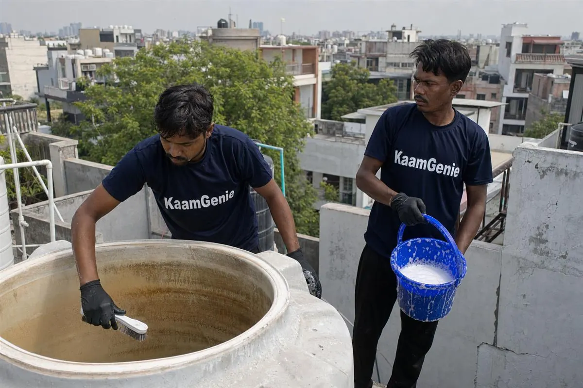 KaamGenie crew cleaning a water tank in Sector 141, Noida