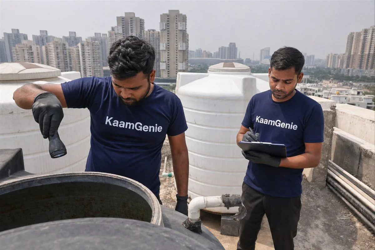 KaamGenie crew cleaning a water tank in Sector 142, Noida