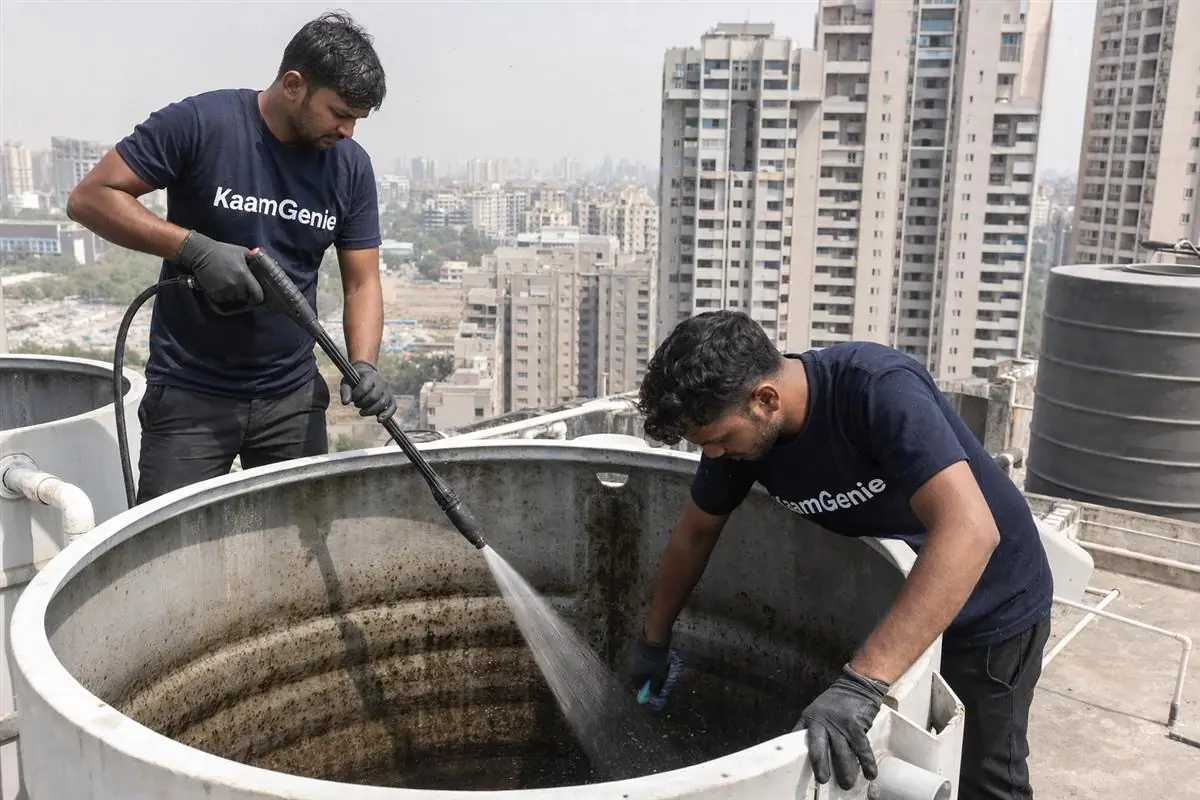 KaamGenie crew cleaning a water tank in Sector 144, Noida
