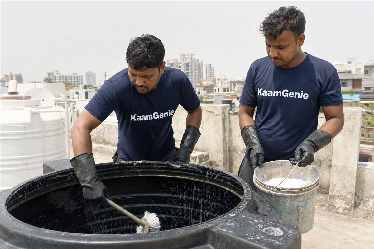 KaamGenie crew cleaning a water tank in Sector 145, Noida