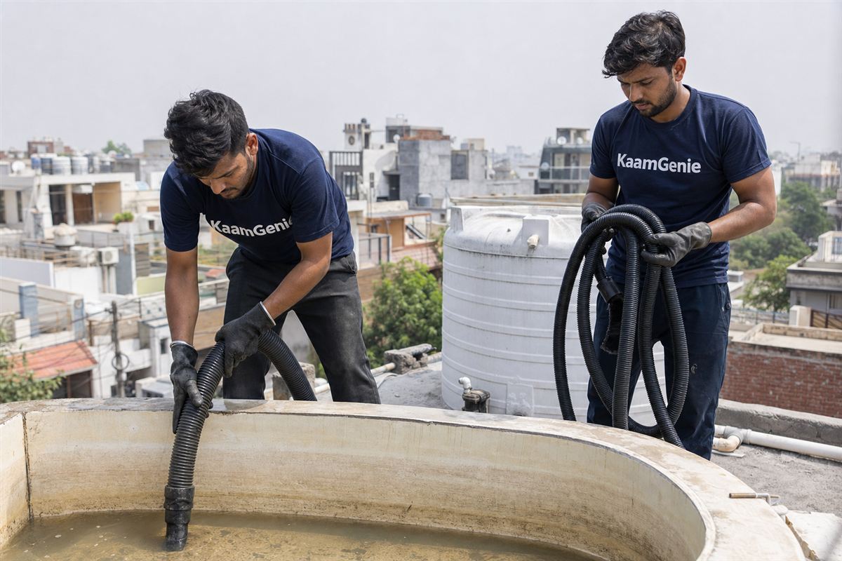 KaamGenie crew cleaning a water tank in Sector 146, Noida
