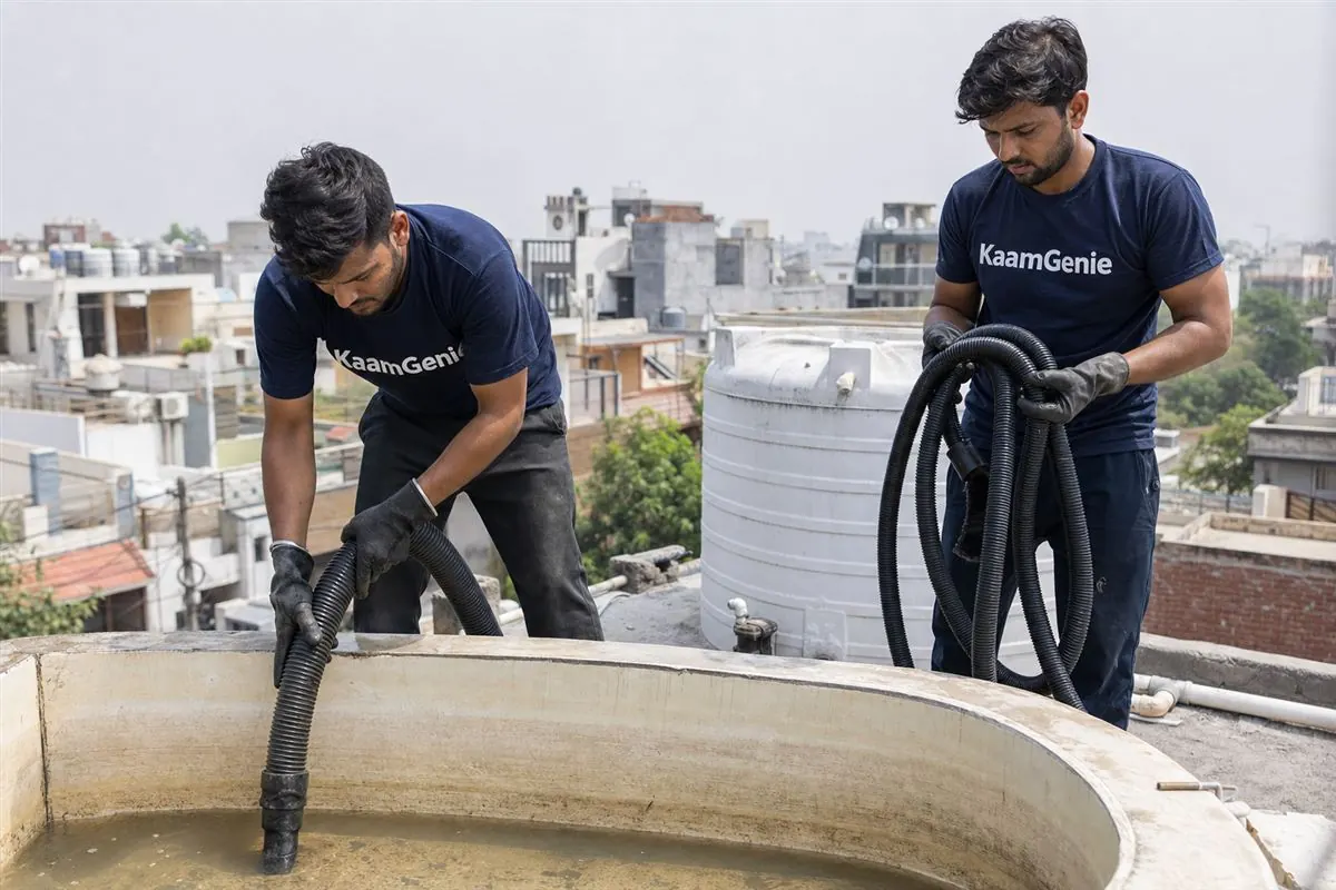 KaamGenie crew cleaning a water tank in Sector 146, Noida
