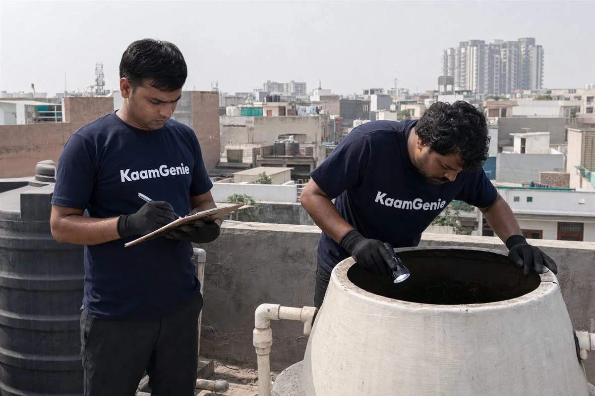 KaamGenie crew cleaning a water tank in Sector 147, Noida
