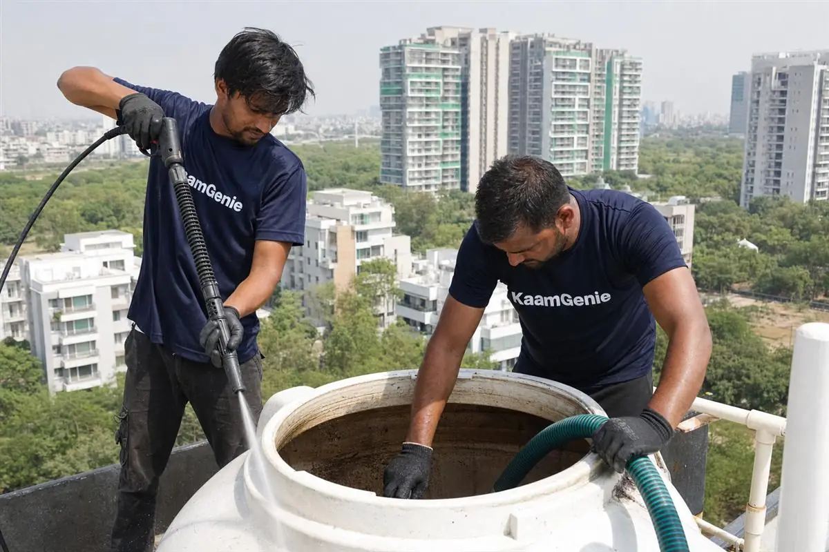 KaamGenie crew cleaning a water tank in Sector 150, Noida