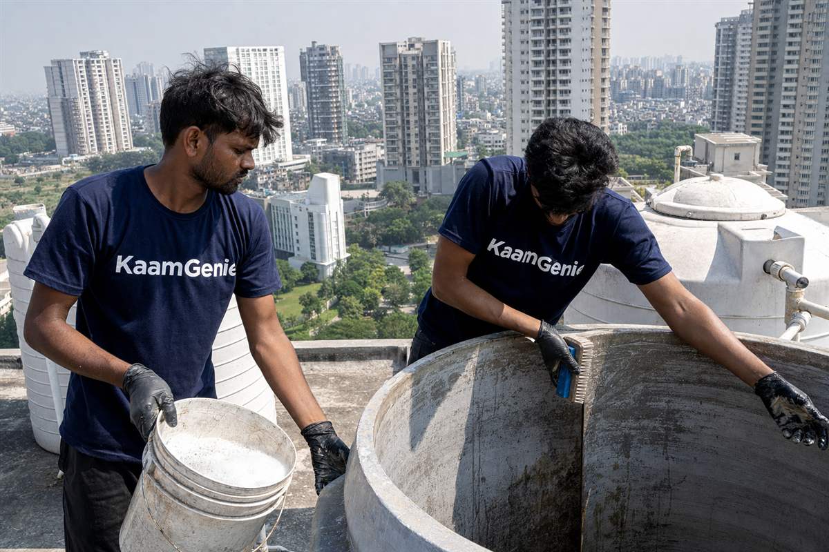 KaamGenie crew cleaning a water tank in Sector 151, Noida