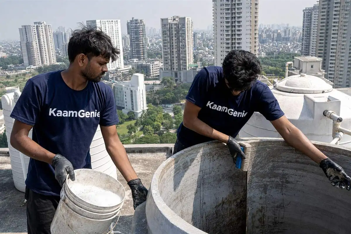 KaamGenie crew cleaning a water tank in Sector 151, Noida