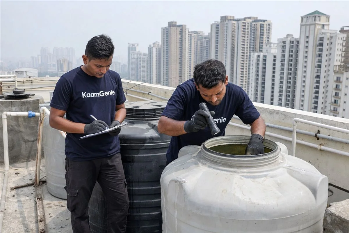 KaamGenie crew cleaning a water tank in Sector 153, Noida