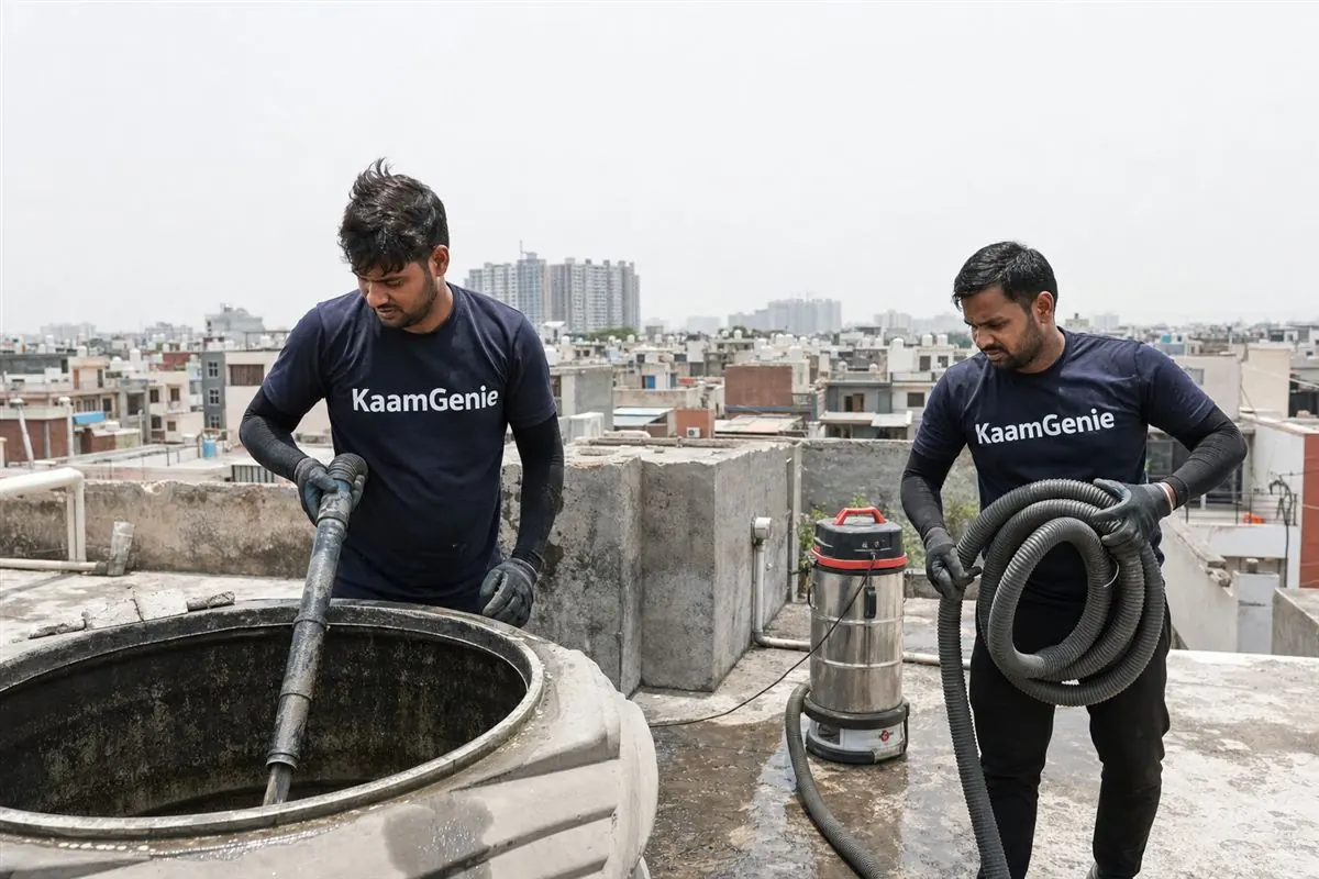 KaamGenie crew cleaning a water tank in Sector 155, Noida