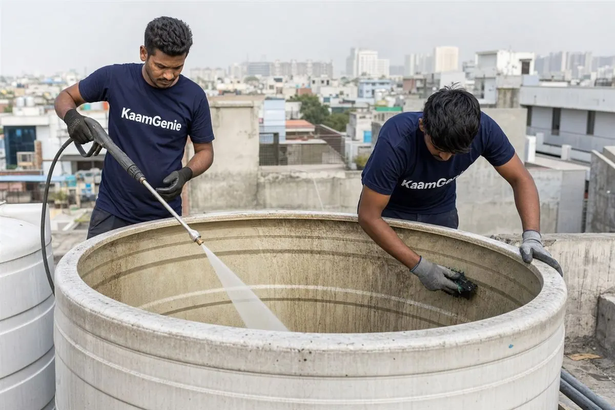 KaamGenie crew cleaning a water tank in Sector 16, Noida