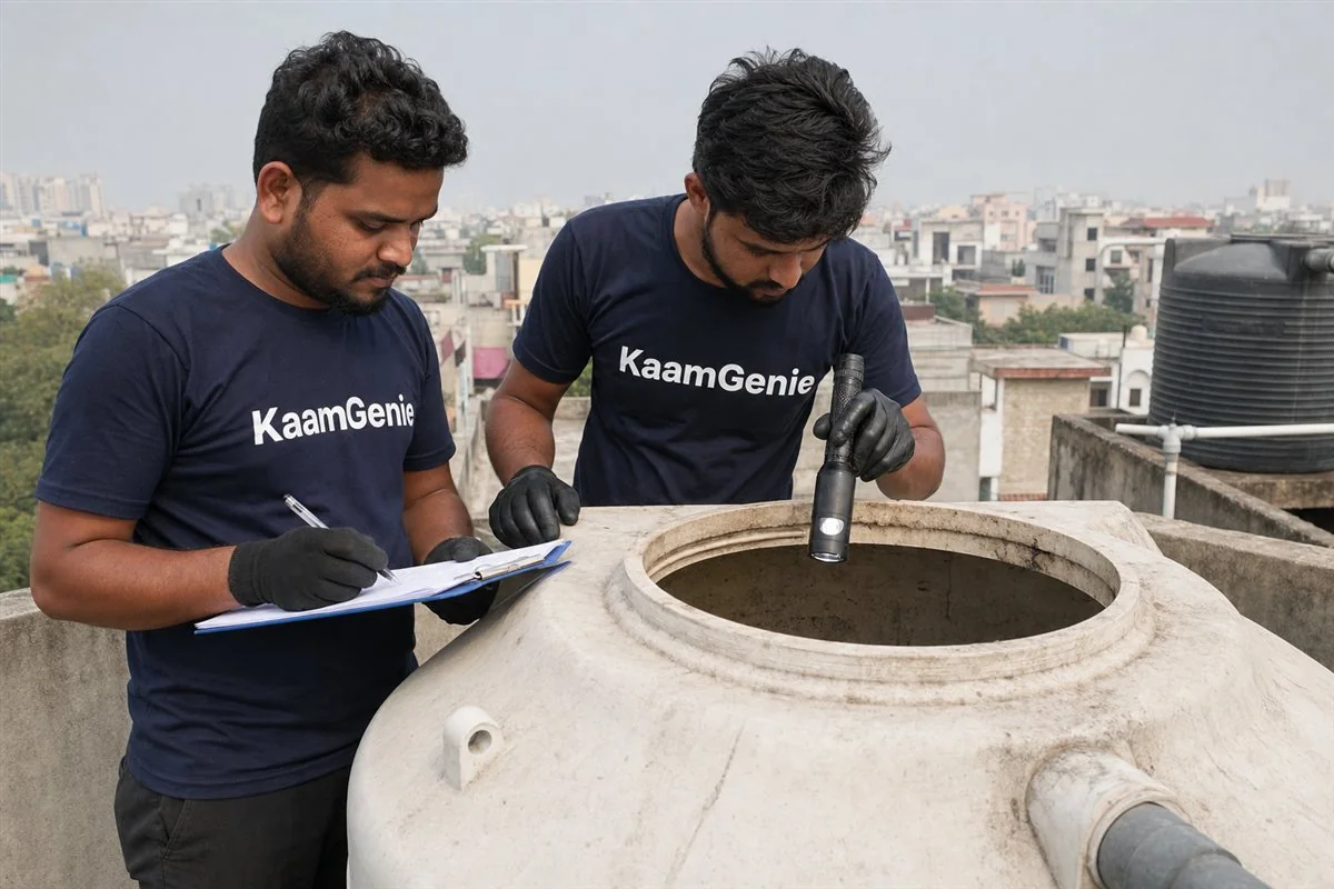 KaamGenie crew cleaning a water tank in Sector 162, Noida