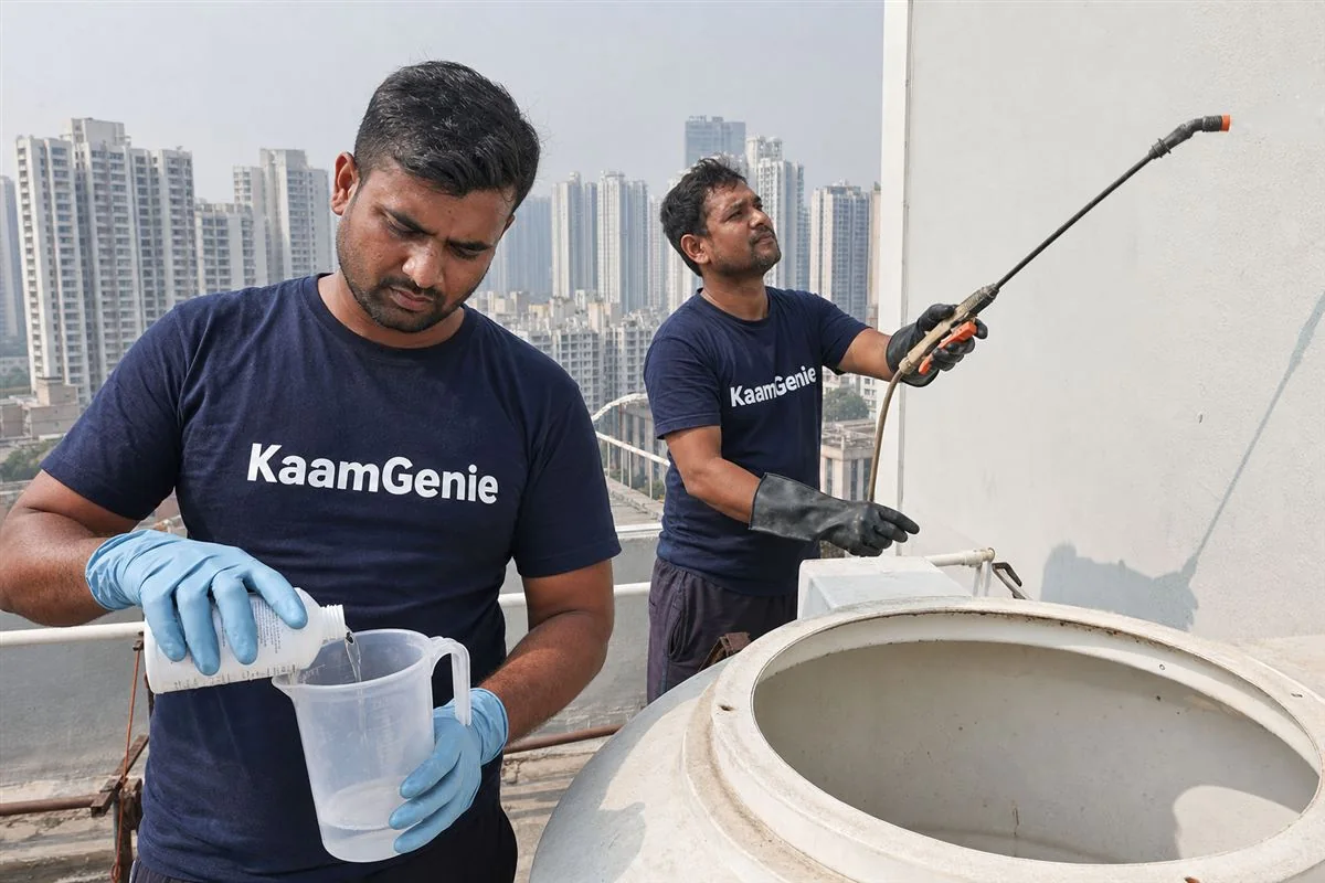 KaamGenie crew cleaning a water tank in Sector 168, Noida