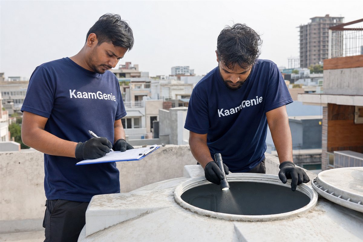 KaamGenie crew cleaning a water tank in Sector 17, Noida