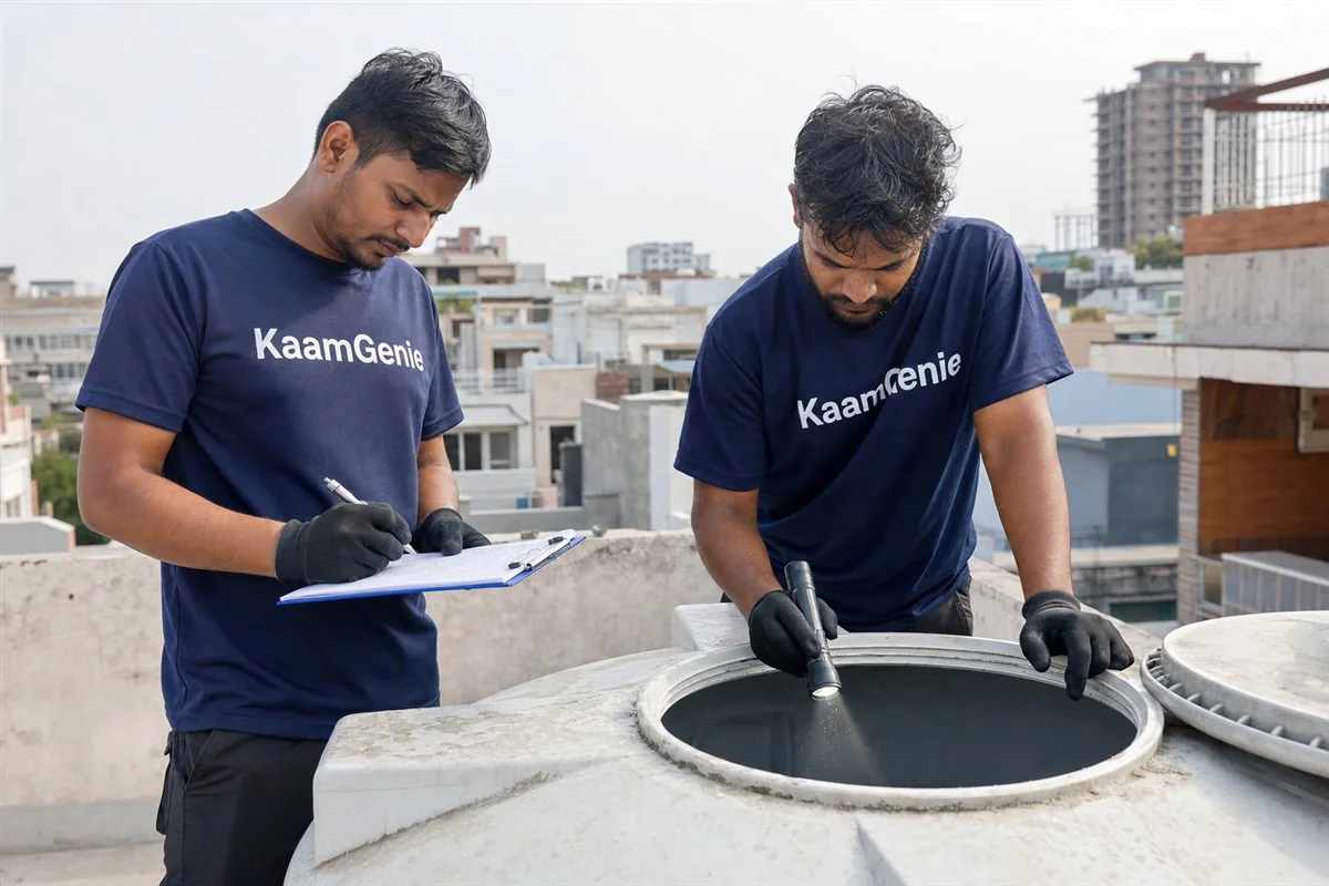 KaamGenie crew cleaning a water tank in Sector 17, Noida