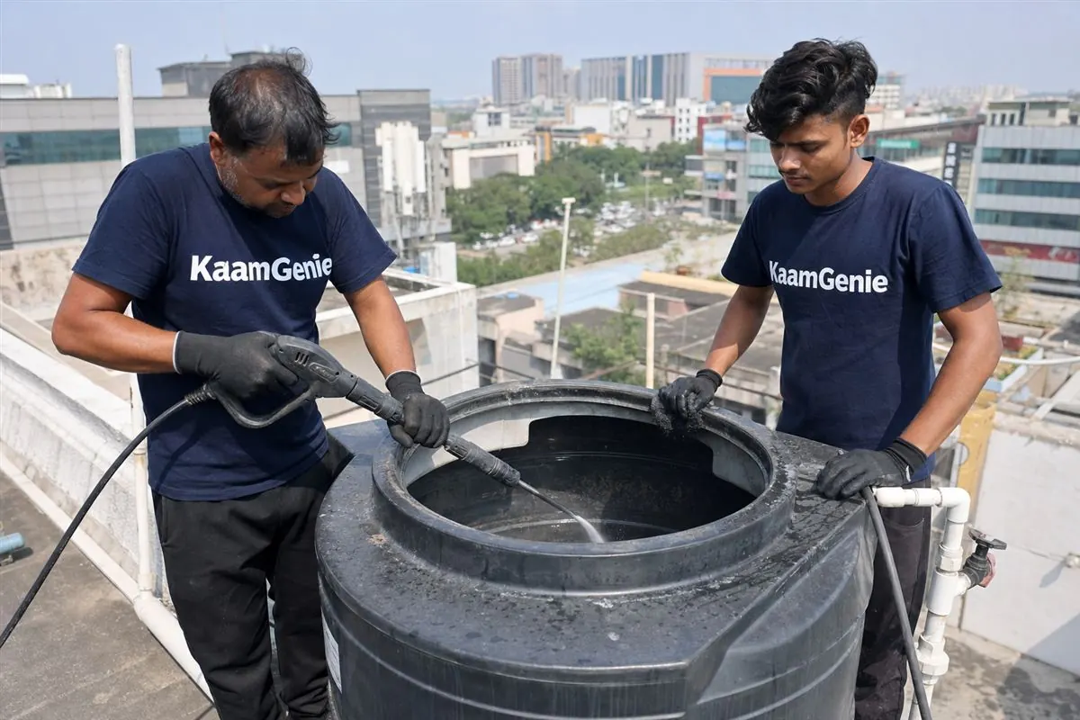 KaamGenie crew cleaning a water tank in Sector 18, Noida