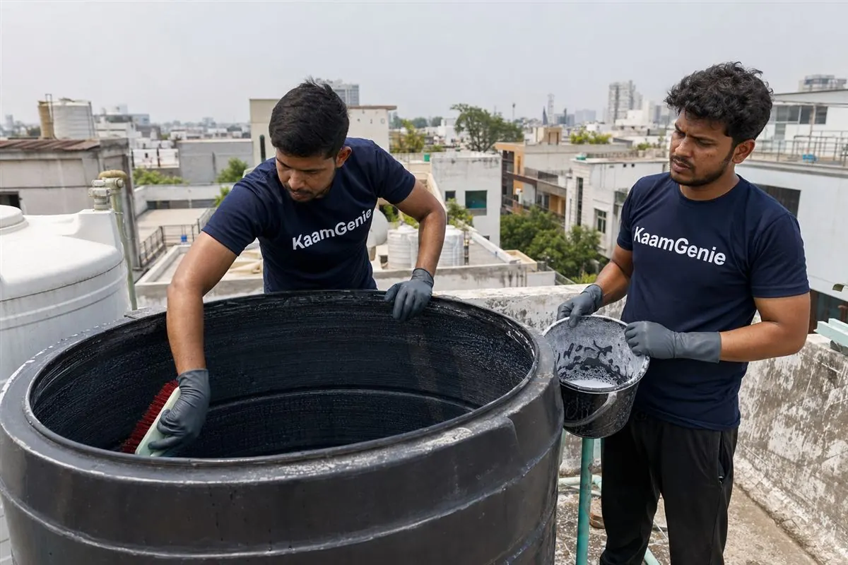 KaamGenie crew cleaning a water tank in Sector 19, Noida