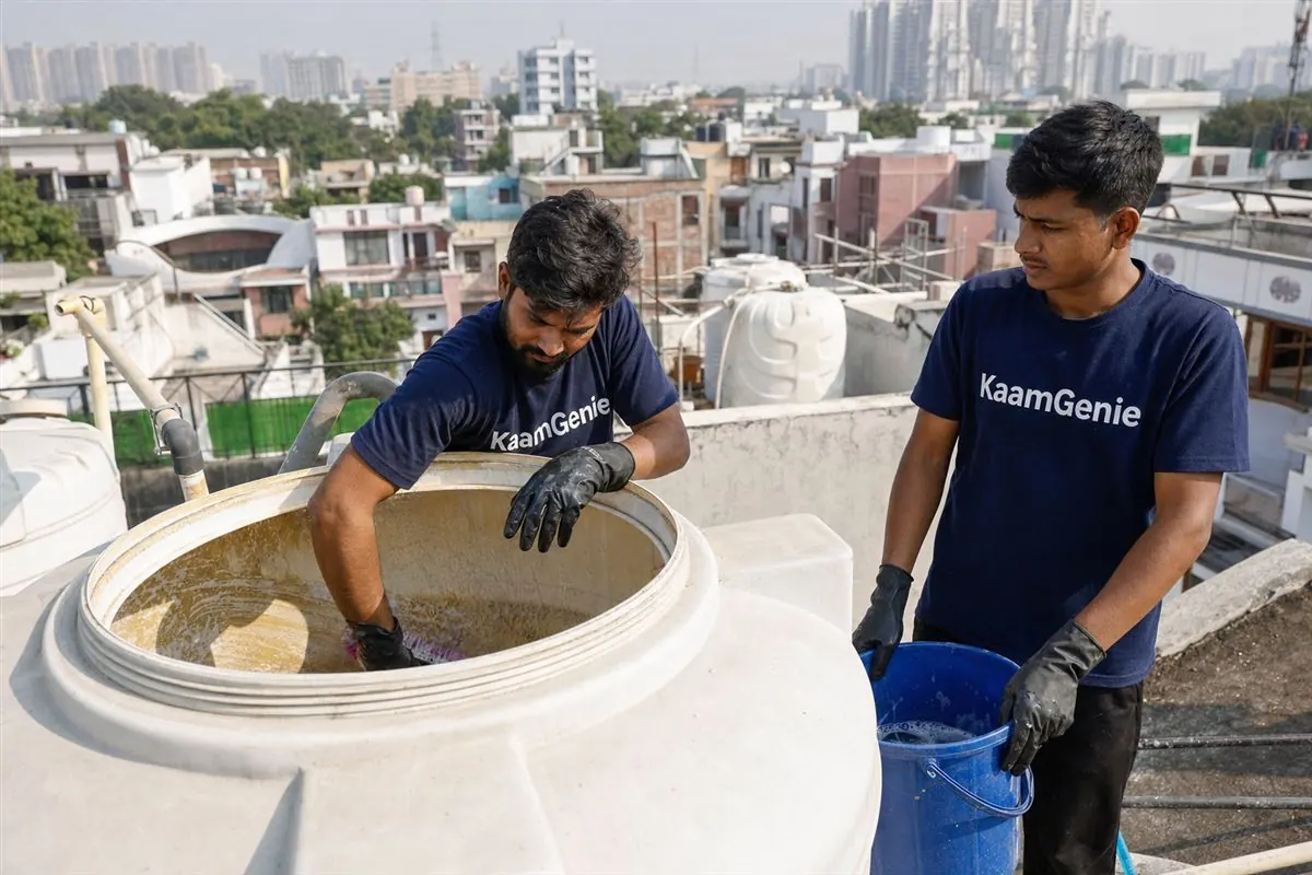 KaamGenie crew cleaning a water tank in Sector 2, Noida