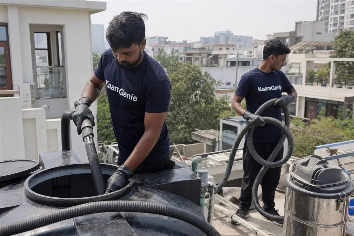 KaamGenie crew cleaning a water tank in Sector 20, Noida