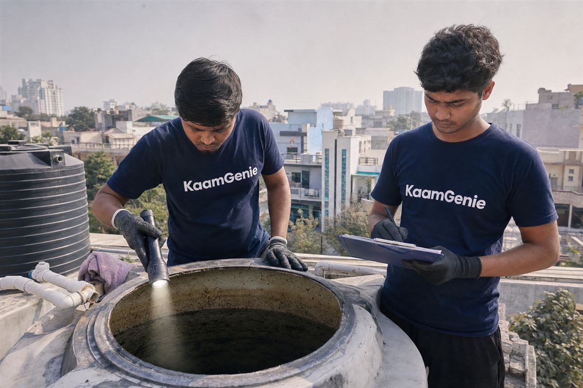KaamGenie crew cleaning a water tank in Sector 21, Noida