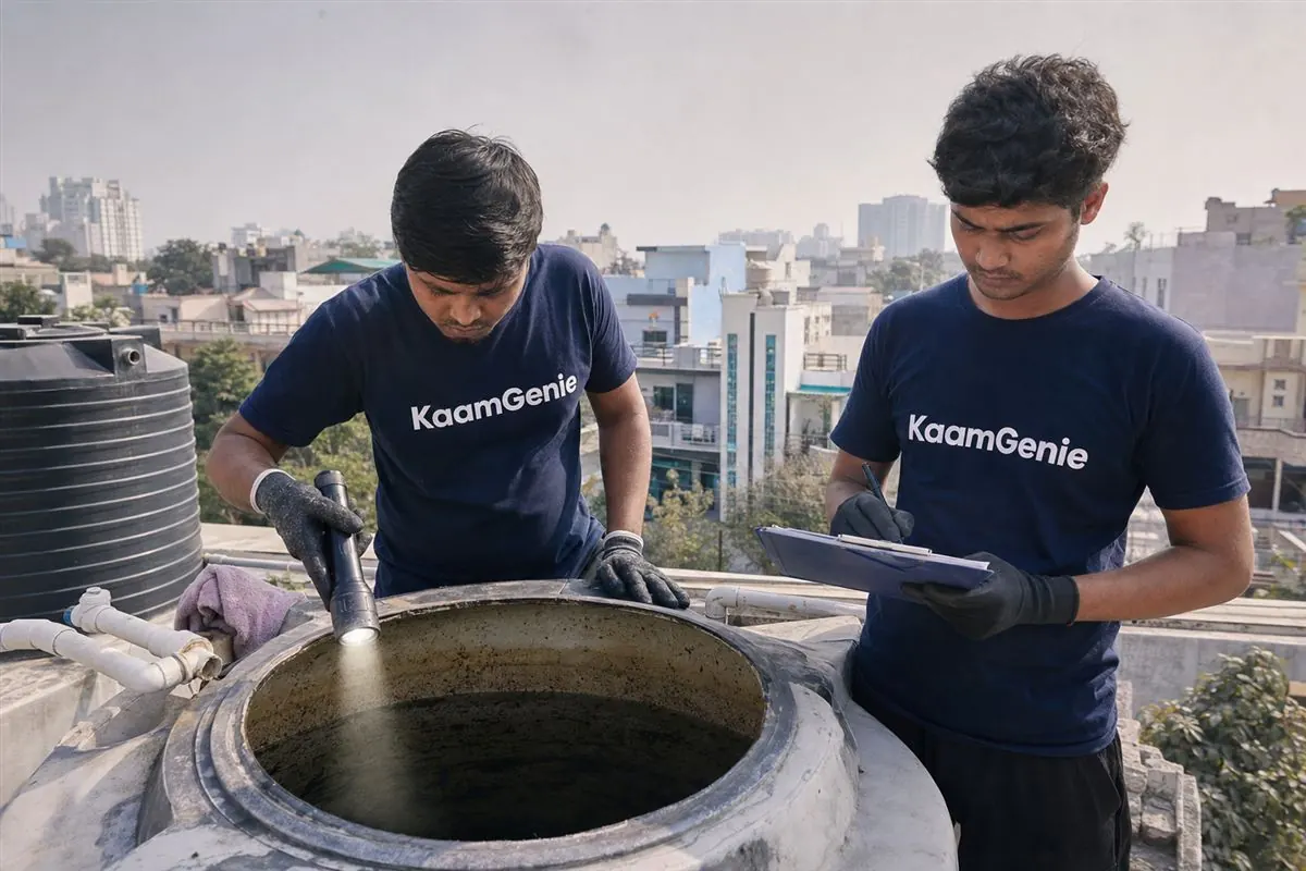 KaamGenie crew cleaning a water tank in Sector 21, Noida