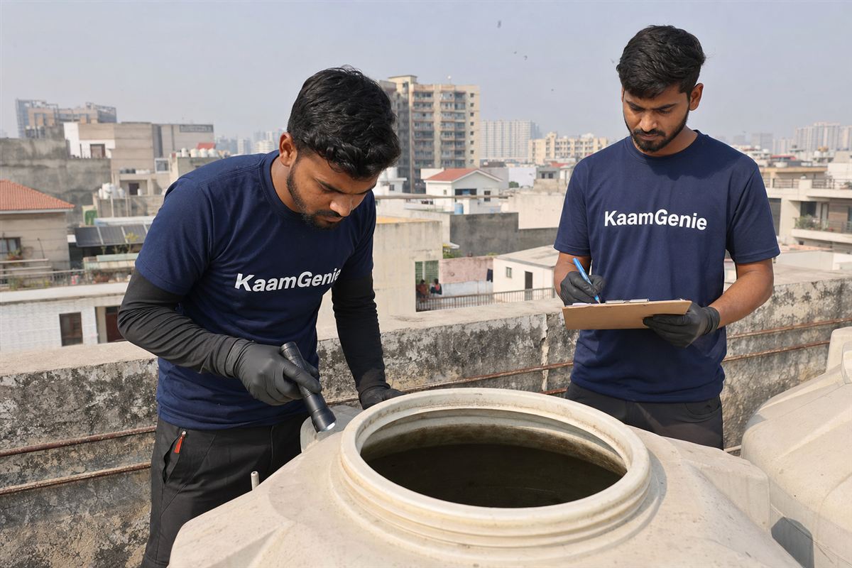KaamGenie crew cleaning a water tank in Sector 23, Noida