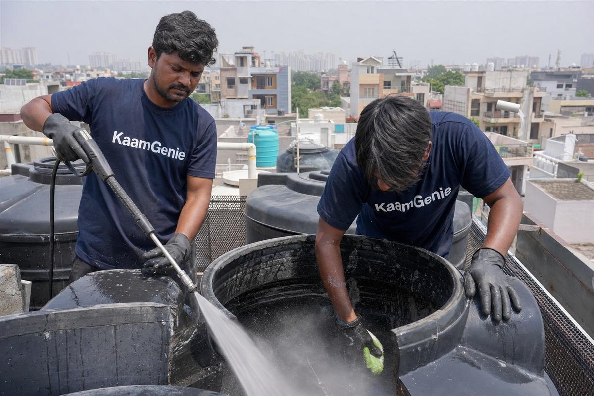 KaamGenie crew cleaning a water tank in Sector 25, Noida