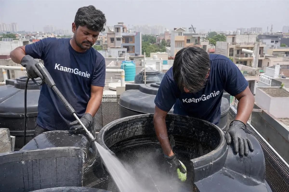 KaamGenie crew cleaning a water tank in Sector 25, Noida