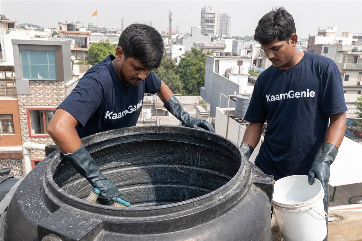 KaamGenie crew cleaning a water tank in Sector 26, Noida