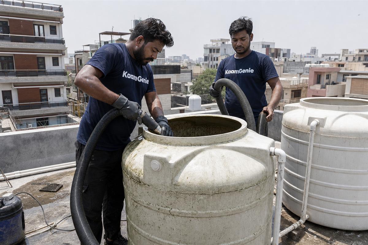 KaamGenie crew cleaning a water tank in Sector 27, Noida