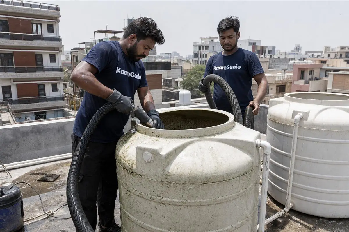 KaamGenie crew cleaning a water tank in Sector 27, Noida