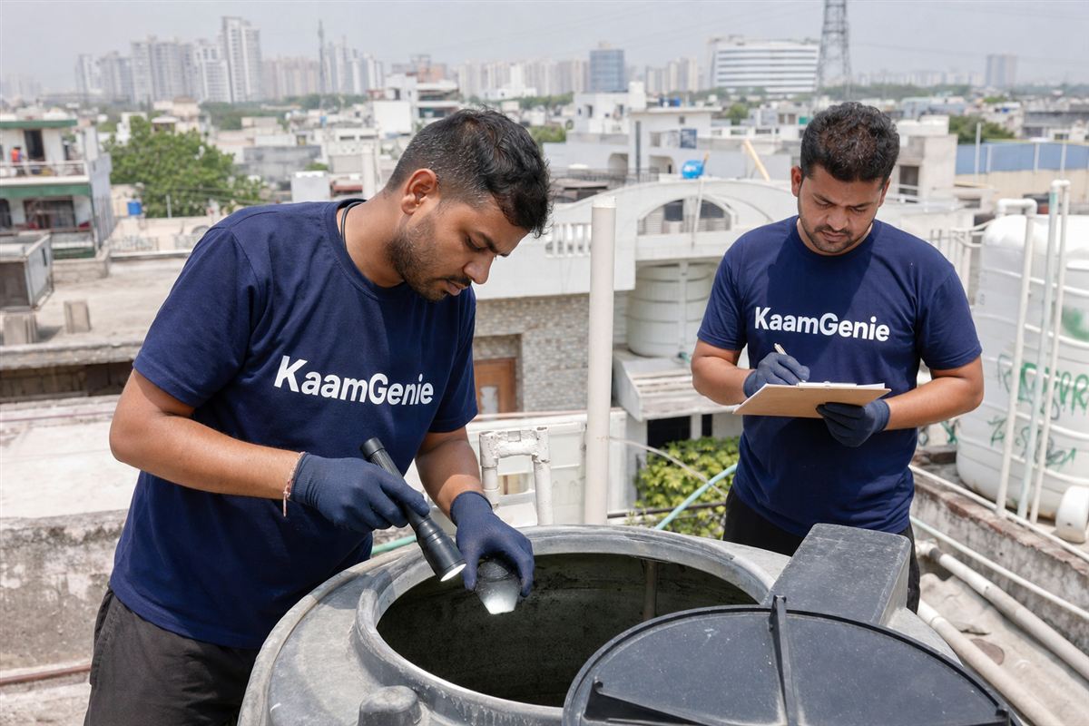 KaamGenie crew cleaning a water tank in Sector 28, Noida