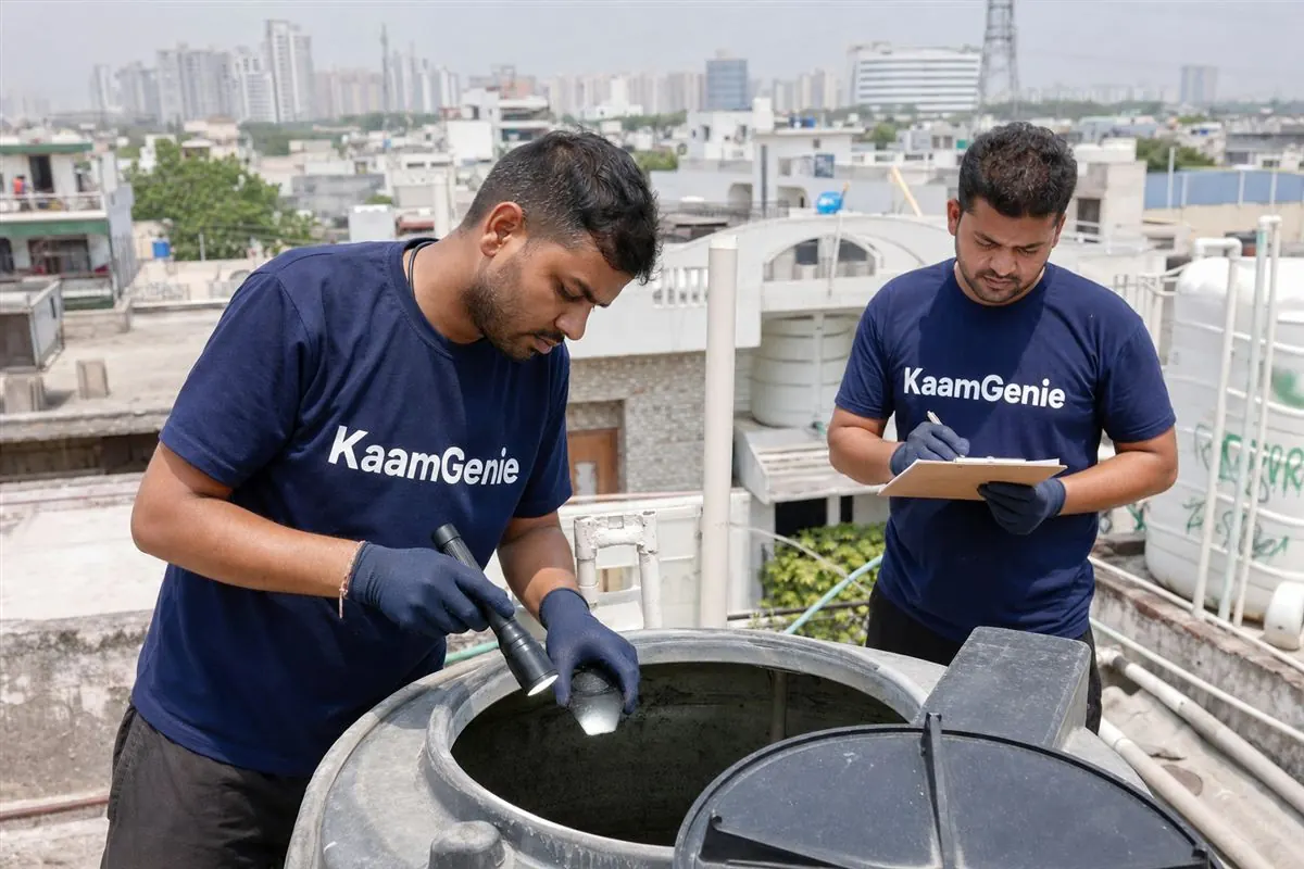 KaamGenie crew cleaning a water tank in Sector 28, Noida